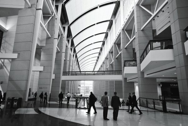 People walking through a large glass-roofed atrium, in black and white