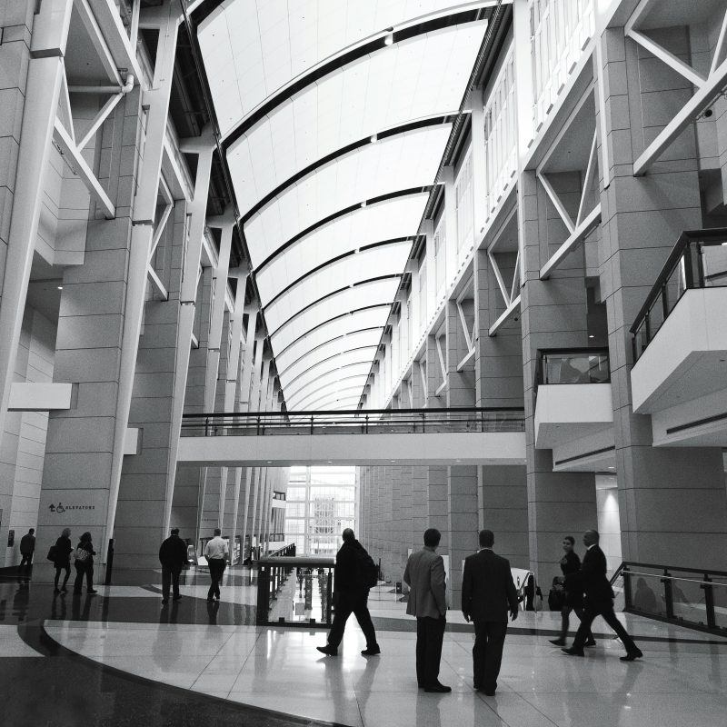 People walking through a large glass-roofed atrium, in black and white