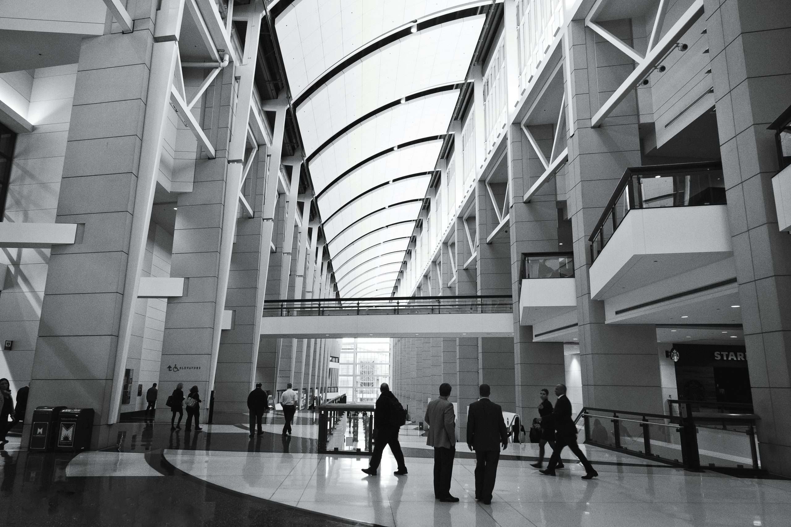 People walking through a large glass-roofed atrium, in black and white